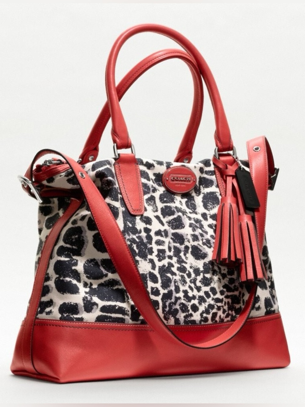 Coach Park Ocelot Leopard Print Canvas Red Leather Trim Satchel Tote – Bold